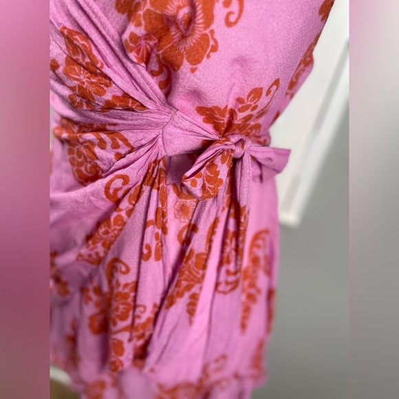 By Anthropologie Halter Neck Ruffle Wrap Mini Dress/Cover Up XXS Pink Floral - Picture 13 of 16